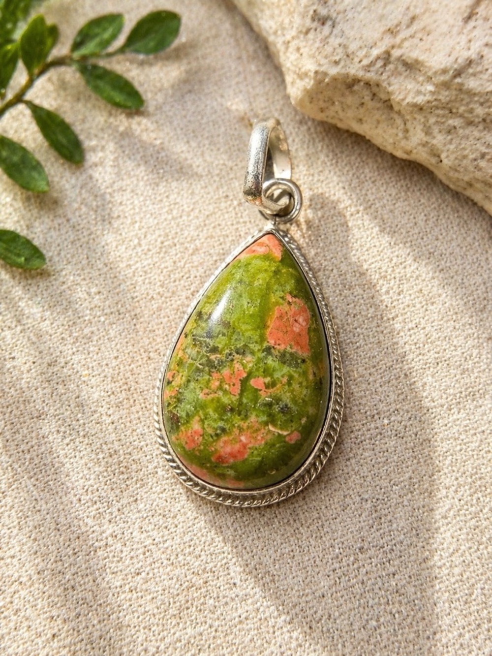 NEW 925 Sterling Silver Unakite Jasper Pendant Green Pink Natural Stone